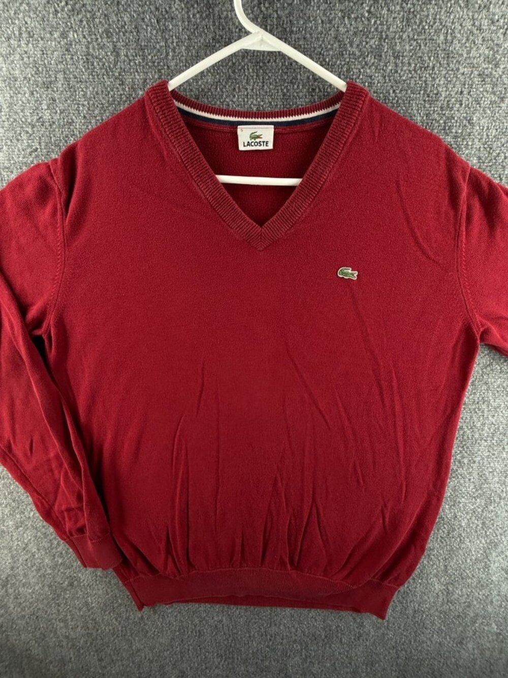 Lacoste Sweater Men Red V Neck Croc Logo Large Pullover Cotton Preppy Tennis